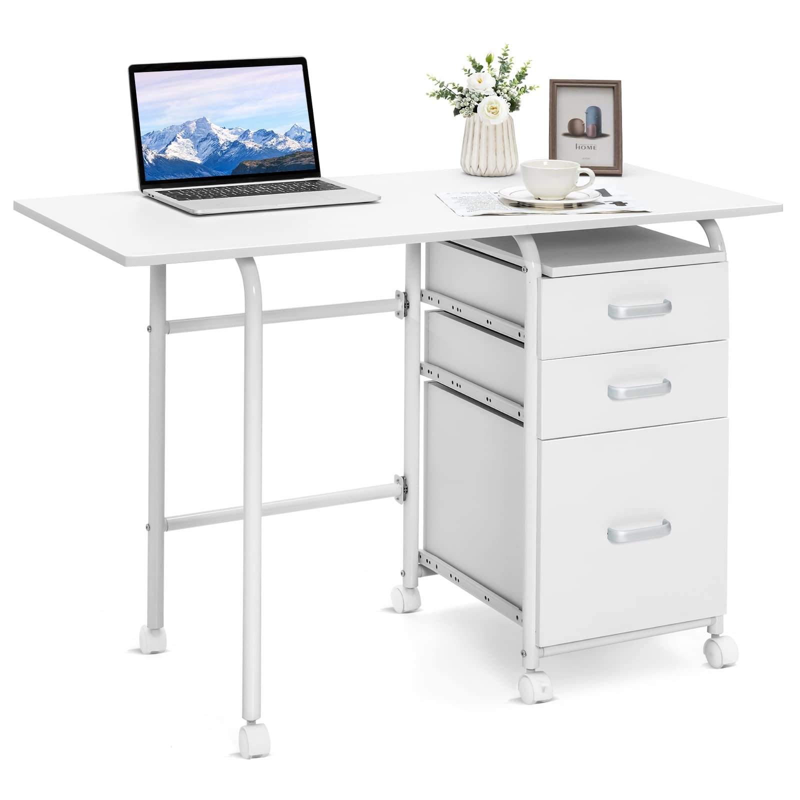 Tangkula White Folding Desk with 3 Drawers