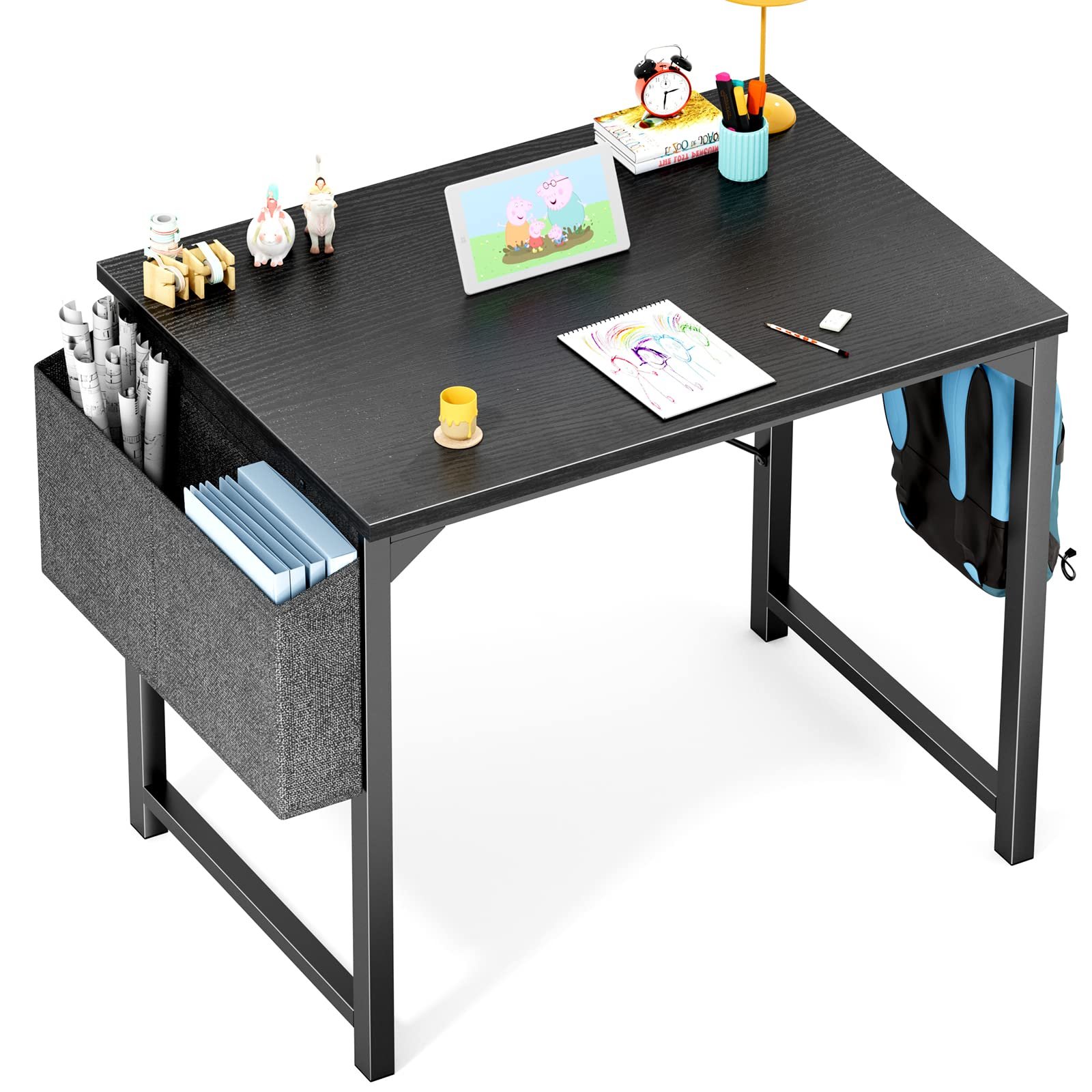 OLIXIS Desk Small Computer Writing Table with Storage & Hooks for Home Office, Kids, Student, Teacher Study Work, 32 Inches, Black Black 32 Inches