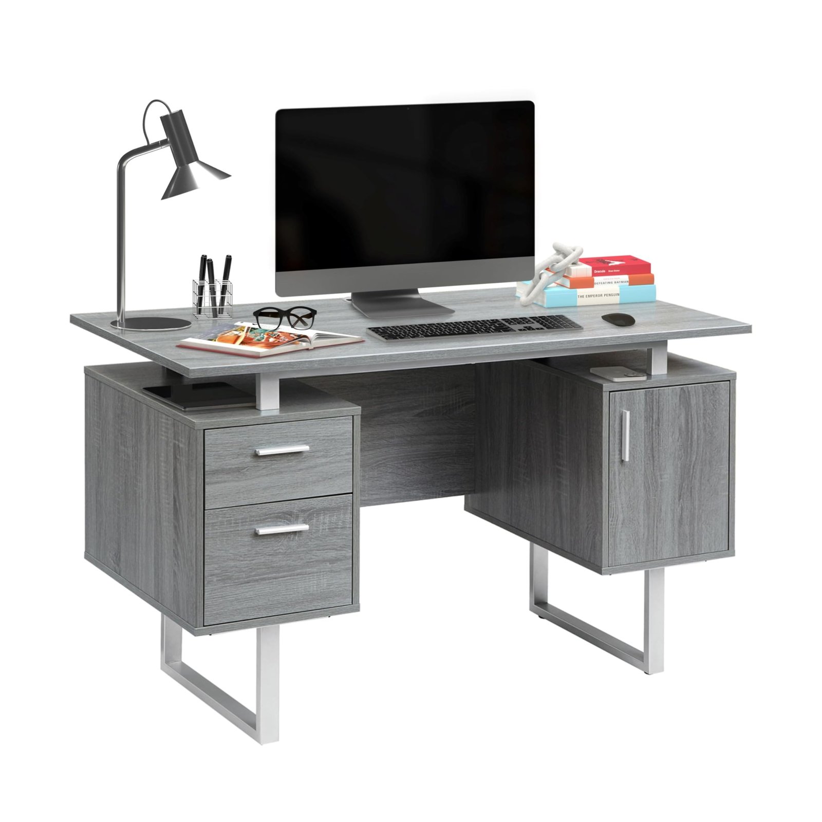 Techni Mobili Modern Office Desk with Storage, Gray Grey
