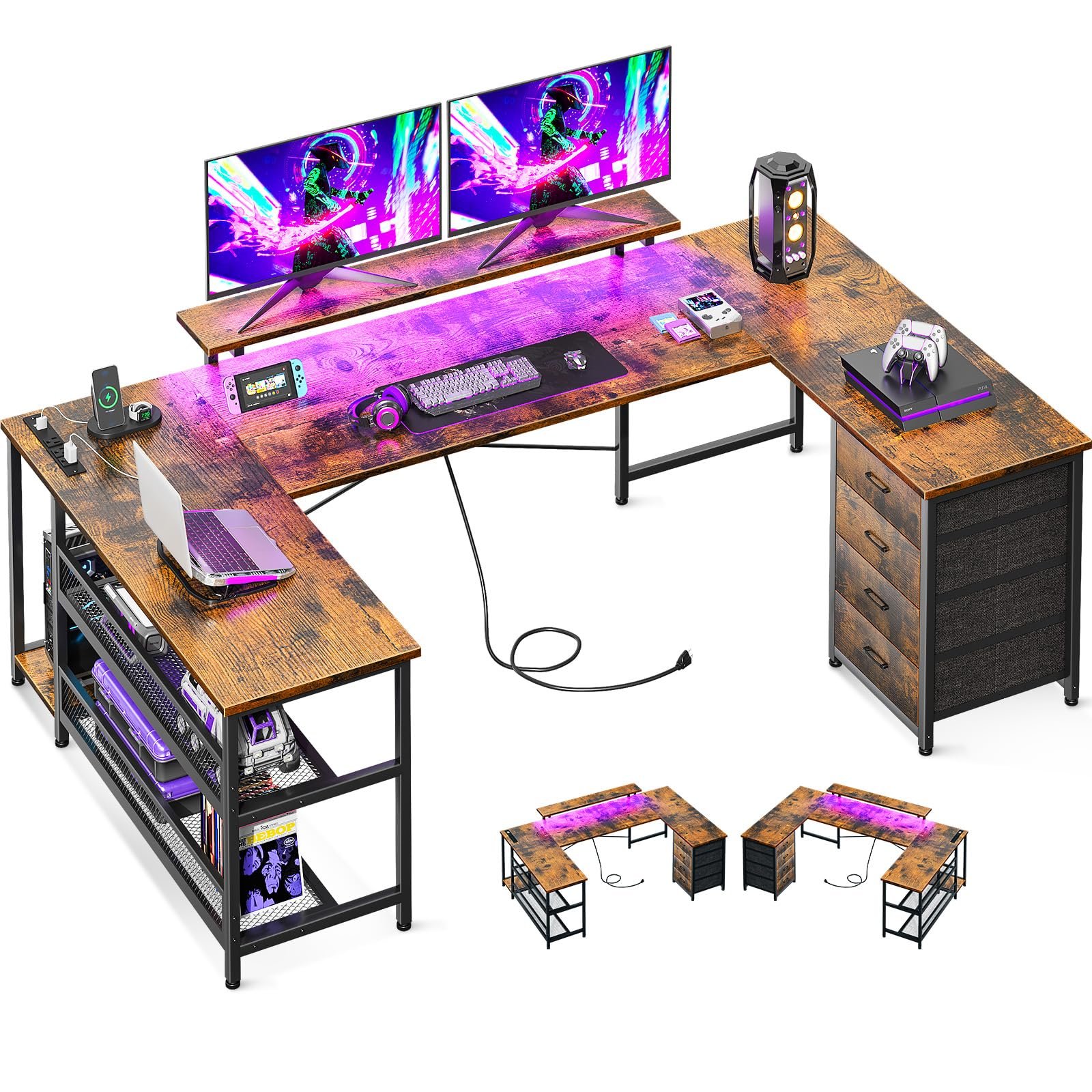 ODK U Shaped Desk with Power Outlets & LED Strip & Monitor Stand, 66" Reversible L Shaped Desk with Drawers and Storage Shelf, Home Office Gaming Desk, Vintage