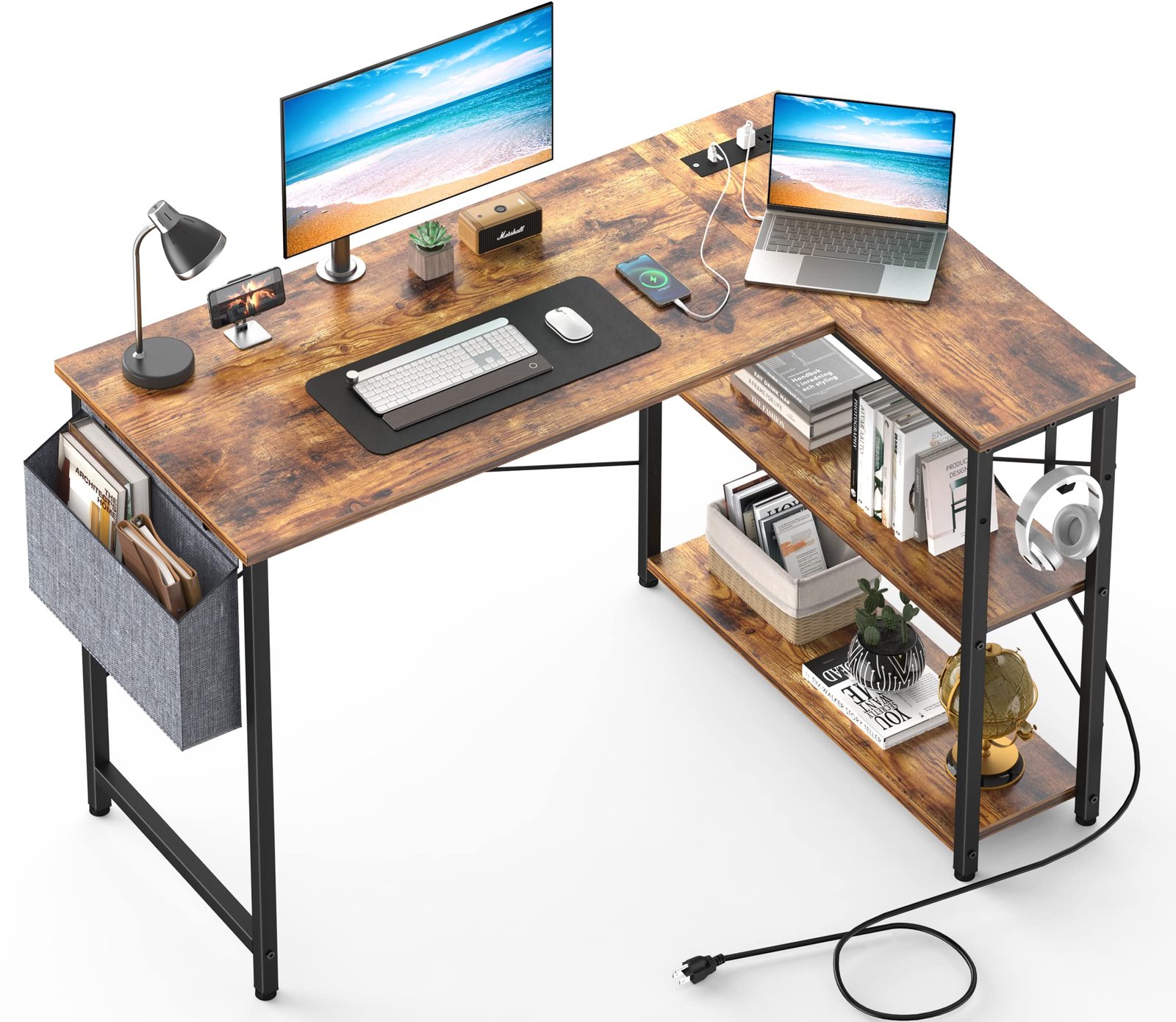 Mr IRONSTONE L Shaped Desk with Outlets & USB Ports
