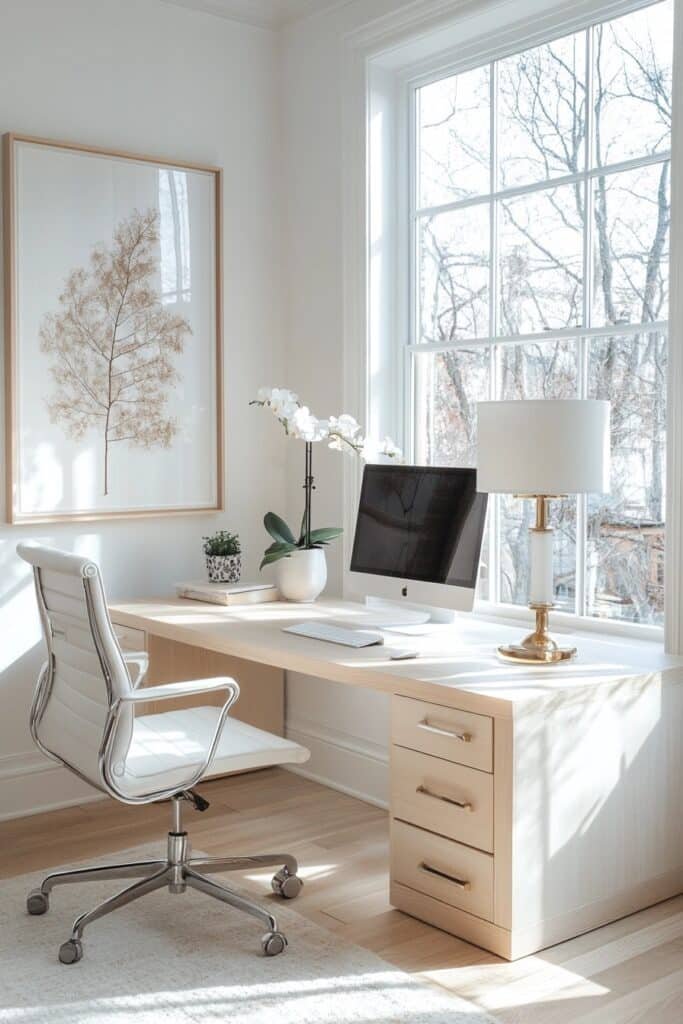 Bright White and Maple Wood Workspace