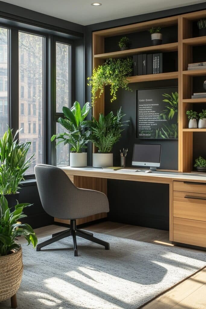 Contemporary Small Office with Plants for Calm