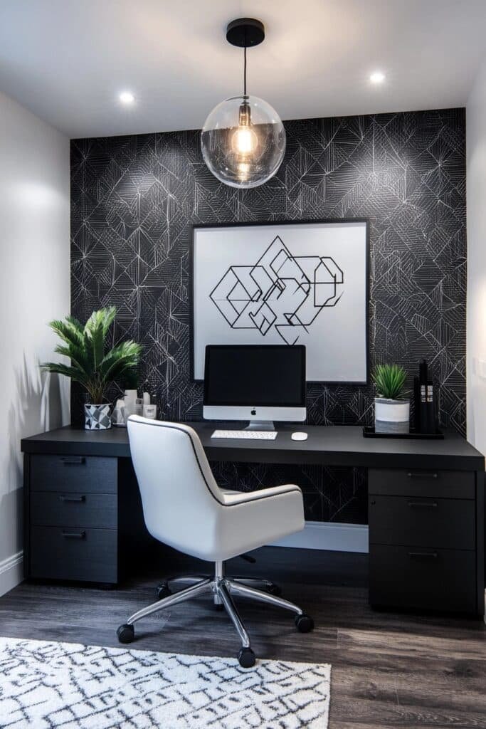 Sleek Black and White Basement Office