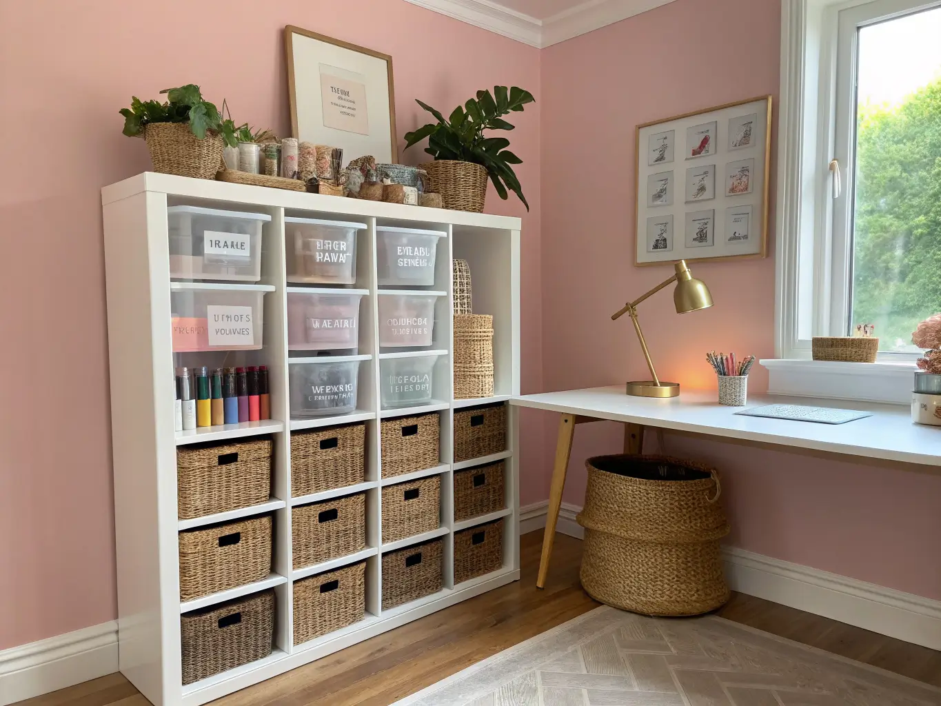 White modular shelves against a blush pink wall with labeled clear bins, rattan baskets, brass lamp, pothos plant, and framed accent in warm afternoon light on a light oak floor.
