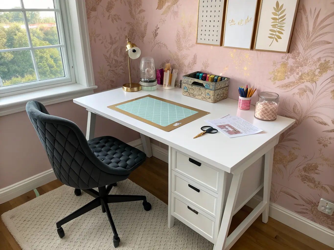 Photorealistic craft room workspace with a white desk under a window, rotary cutter and mat, gold tray of tools, jar of colored pencils, black tufted chair, blush floral accent wall, and jute rug.