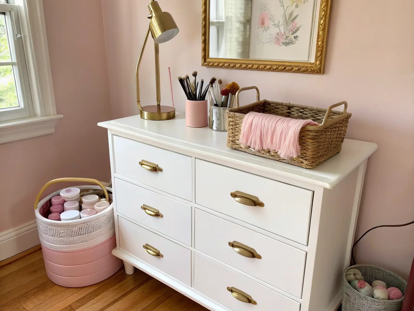 Repurposed vintage dresser painted white with brass pulls in a blush pink craft room, styled with a gold lamp, paintbrushes, and fabric basket; open drawer shows pastel ribbons and paint tubes beneath a black-framed mirror in warm afternoon light.