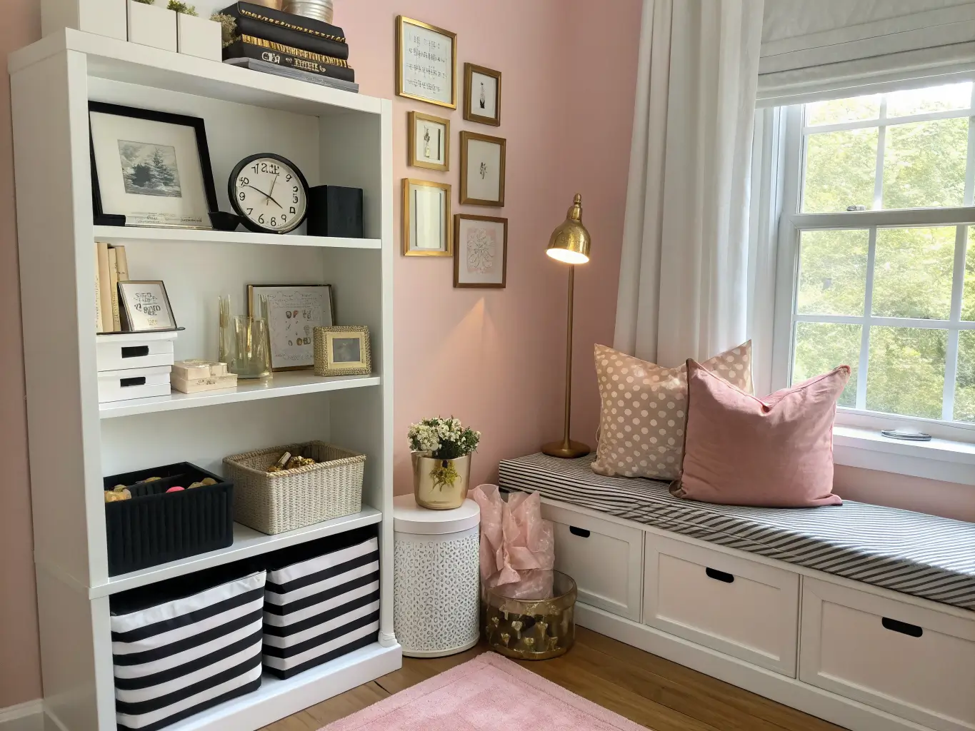 Photorealistic craft room corner with white floating shelf holding black frames, white vase, and gold-rimmed clock beneath a blush wall, with striped bin, cream boxes, and blush pillow on a white bench.