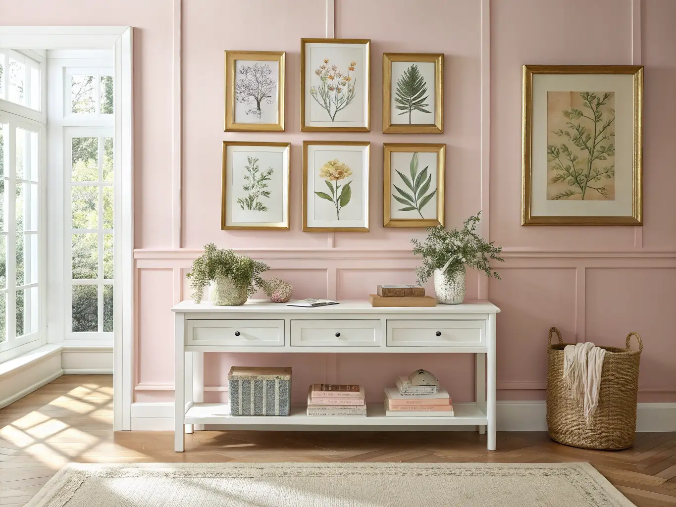 Gallery wall of mixed white and gold frames with botanical prints above a styled white console table in a blush pink craft room, lit by warm afternoon light.