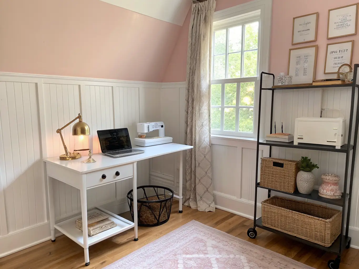 Photorealistic craft-and-office nook with blush walls and white wainscoting, a white desk holding a laptop stand and Cricut beside a black rolling cart, yarn basket on light wood floors, and a floral accent wall in warm window light.
