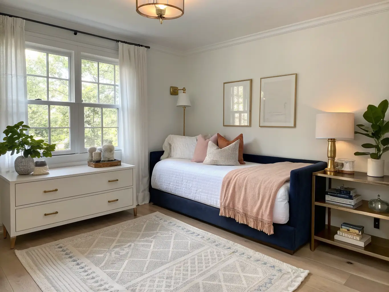 Sunlit craft guest bedroom with navy daybed, birch drop-leaf table, thread jars on open shelves, and jute rug on a whitewashed oak floor.