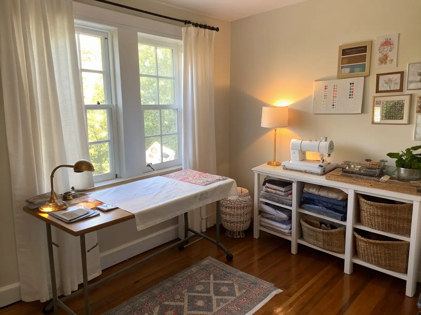 Wide-angle photorealistic craft-guest room with unfolded drop-leaf table covered in navy and blush fabric swatches under an LED task lamp, wheeled sewing cart, and a navy daybed in warm late-afternoon light.