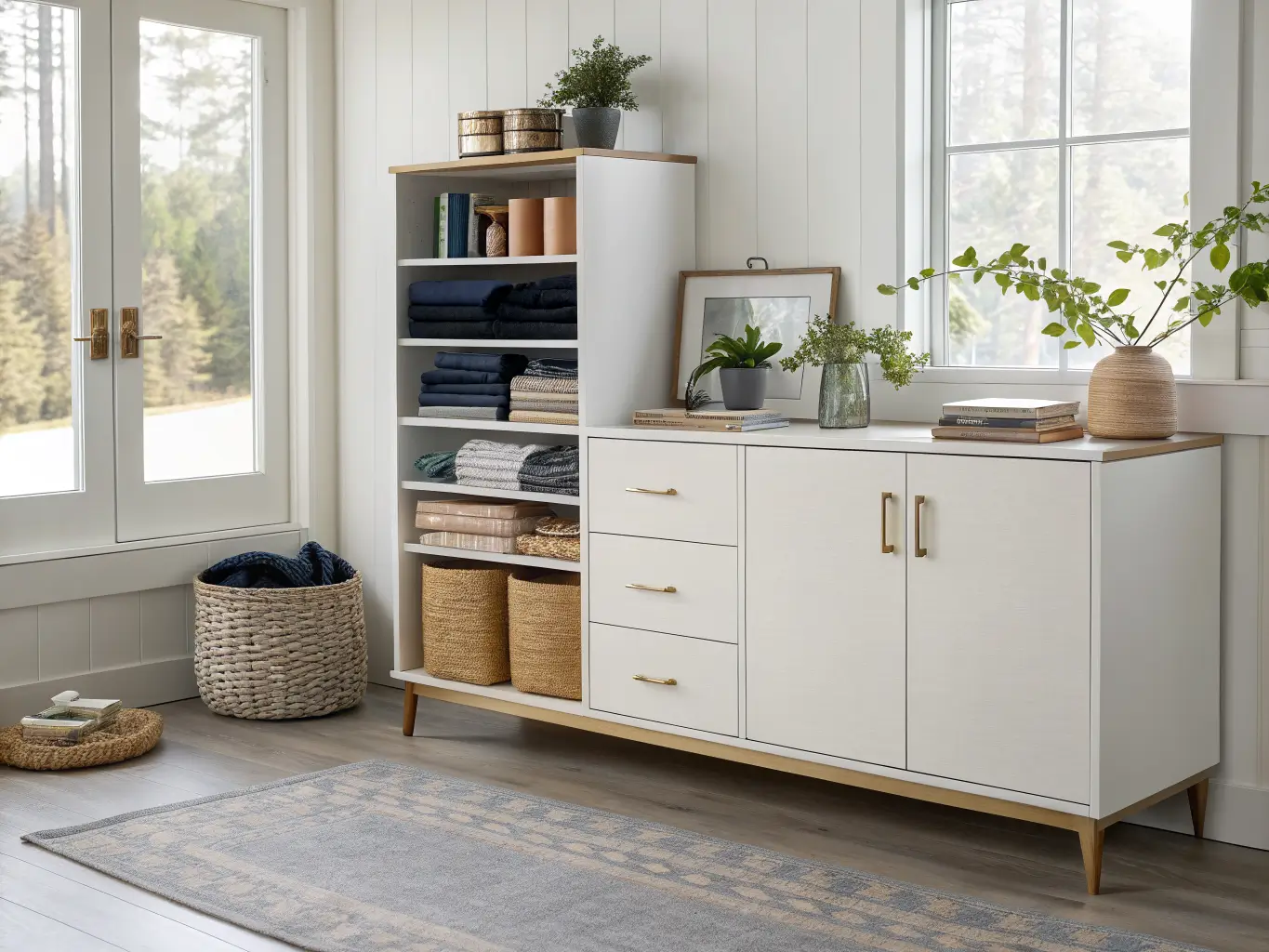 Modular warm-white wall cabinets with brass pulls above a birch console, holding folded navy and peach fabrics, apothecary jars, a small succulent, and a basket of rolled kraft paper, lit by soft window daylight.