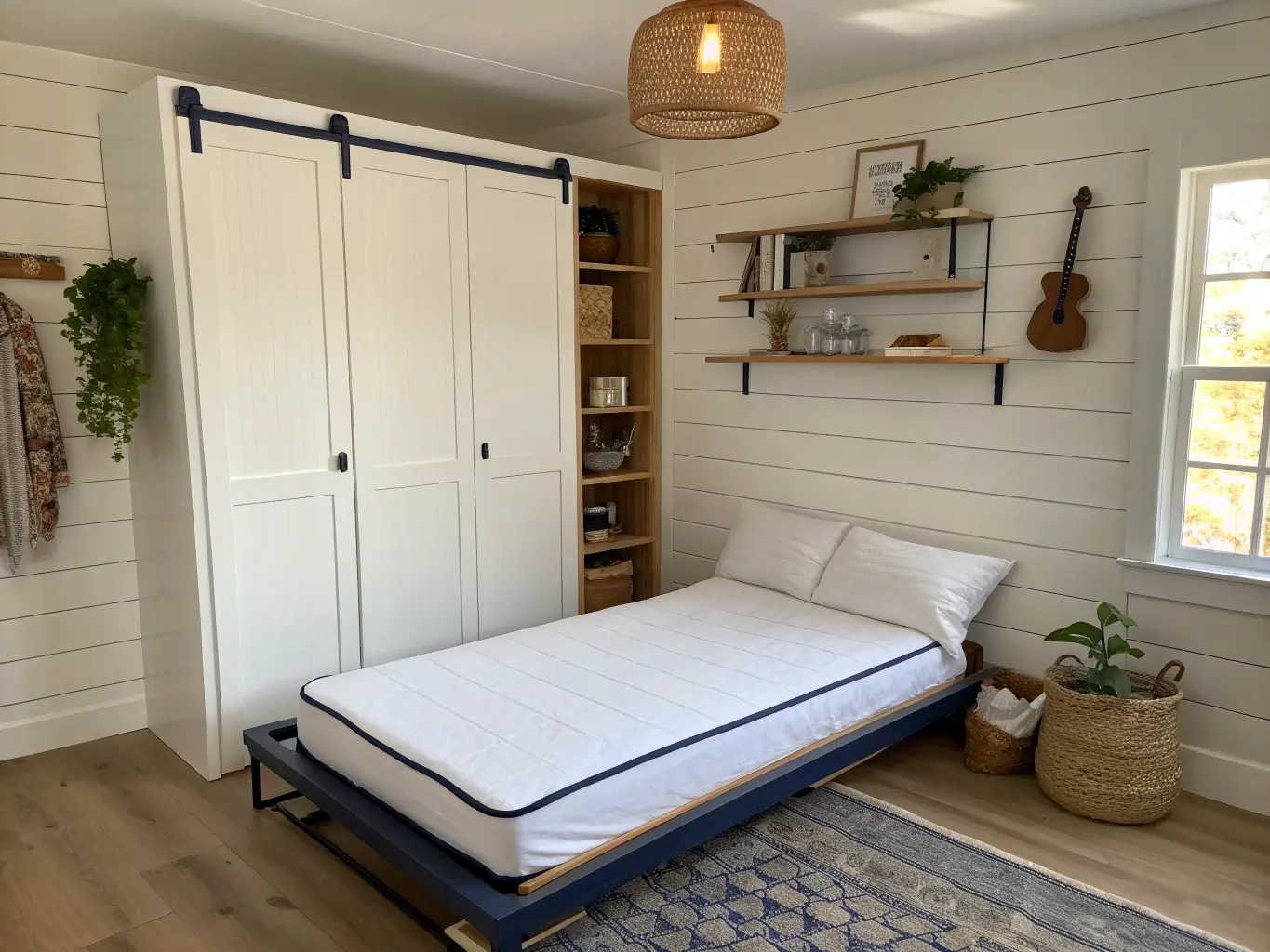 Murphy bed folded against a warm white shiplap wall with navy trim, birch shelves and craft table in soft morning light.