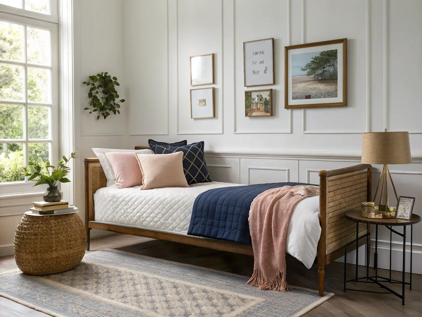 Daybed styled like a boutique hotel bed with white and navy bedding, blush pillows, knit throw, rattan side table with brass lamp and books, and a gallery wall of framed art above.