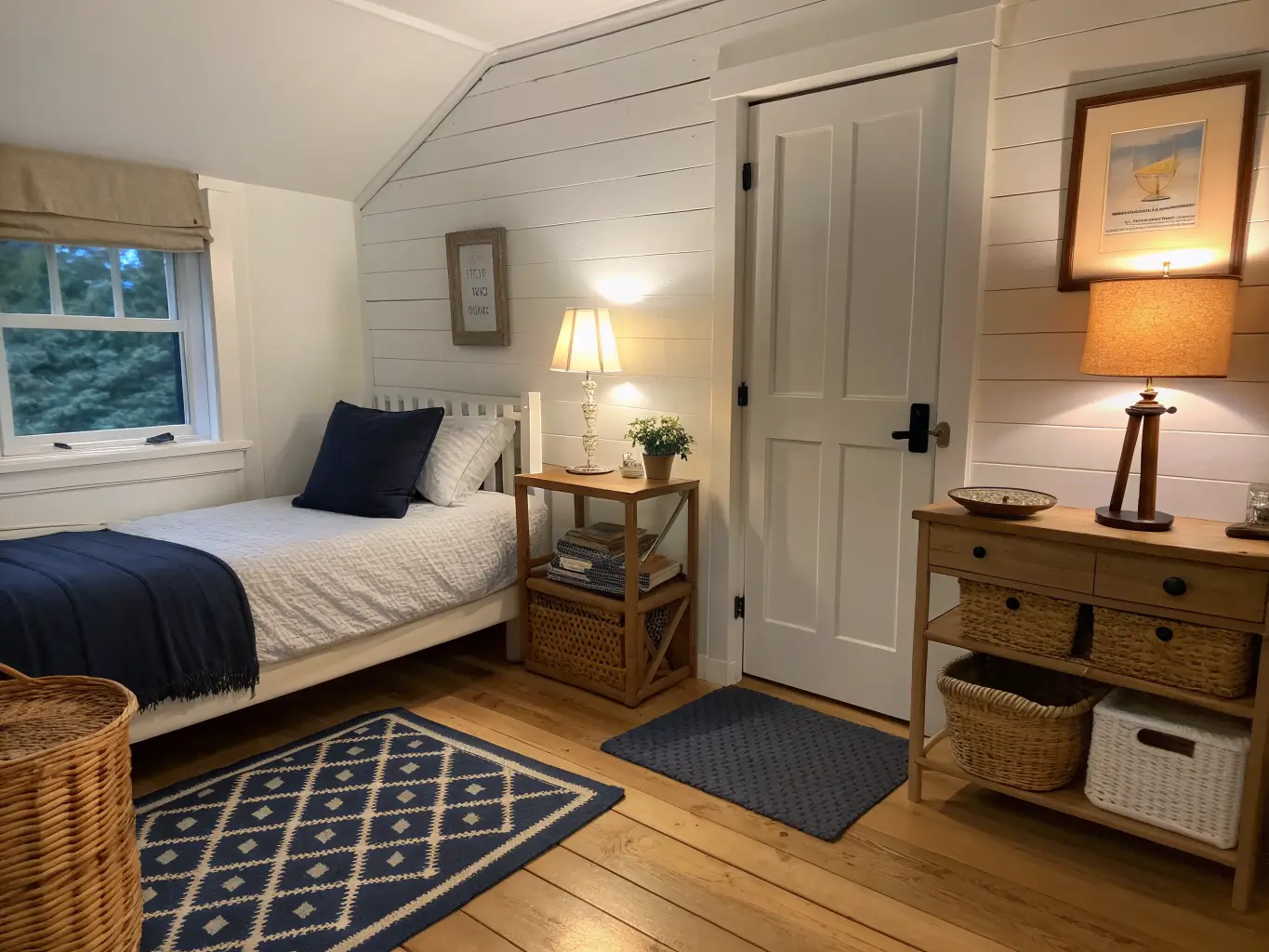 Wide doorway view of a craft guest room at dusk with warm bedside lamp light on a navy daybed and cool task lamp light on a birch drop-leaf desk, light oak floors, navy rug, and craft baskets under the table.