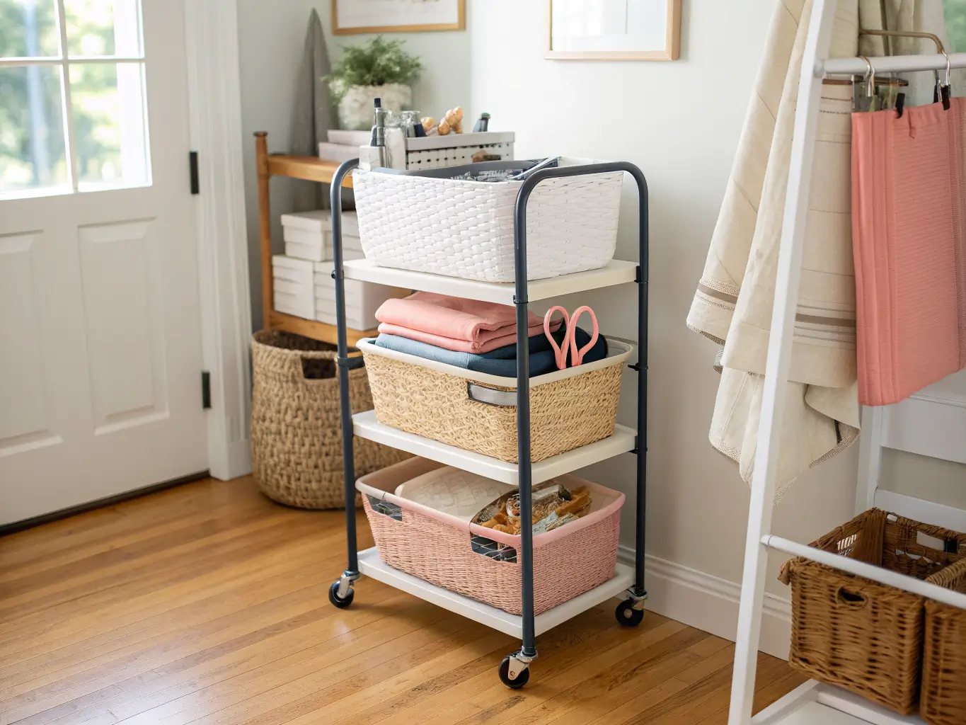 Rolling three-tier storage cart with labeled blush and navy baskets, sewing tools, and folded fabric beside a birch work table, with an ajar closet showing guest linens in soft daylight.