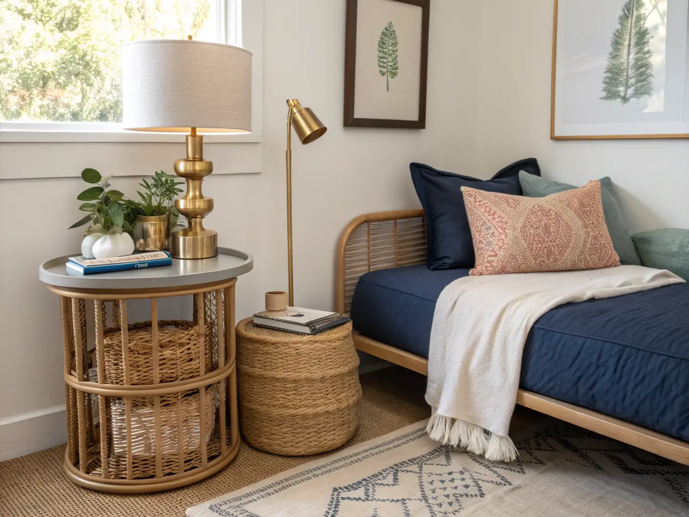 Photorealistic guest room corner with navy daybed, rattan nightstand, brass lamp, jewelry dish, folded towel, coiled charger, basket with blush throw, eucalyptus vase, and framed print in warm late-afternoon light.