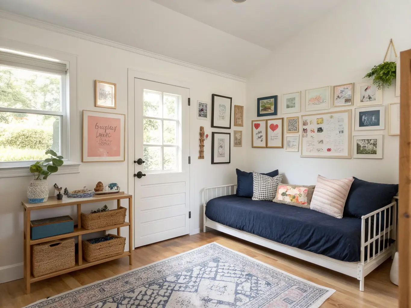 Wide photorealistic view of a bright craft-guest room with a navy daybed under a gallery wall, and a birch drop-leaf craft table by the window beneath a pegboard of tools, on light oak floors with a jute rug.
