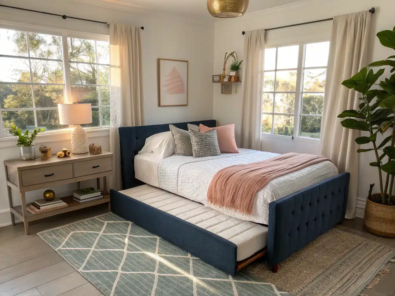 High-corner golden-hour view of a cozy craft guest room with a navy daybed, folded birch drop-leaf table, modular shelving with jars and fabric, woven rug, brass lamp, and gallery wall in a navy-blush-brass palette.
