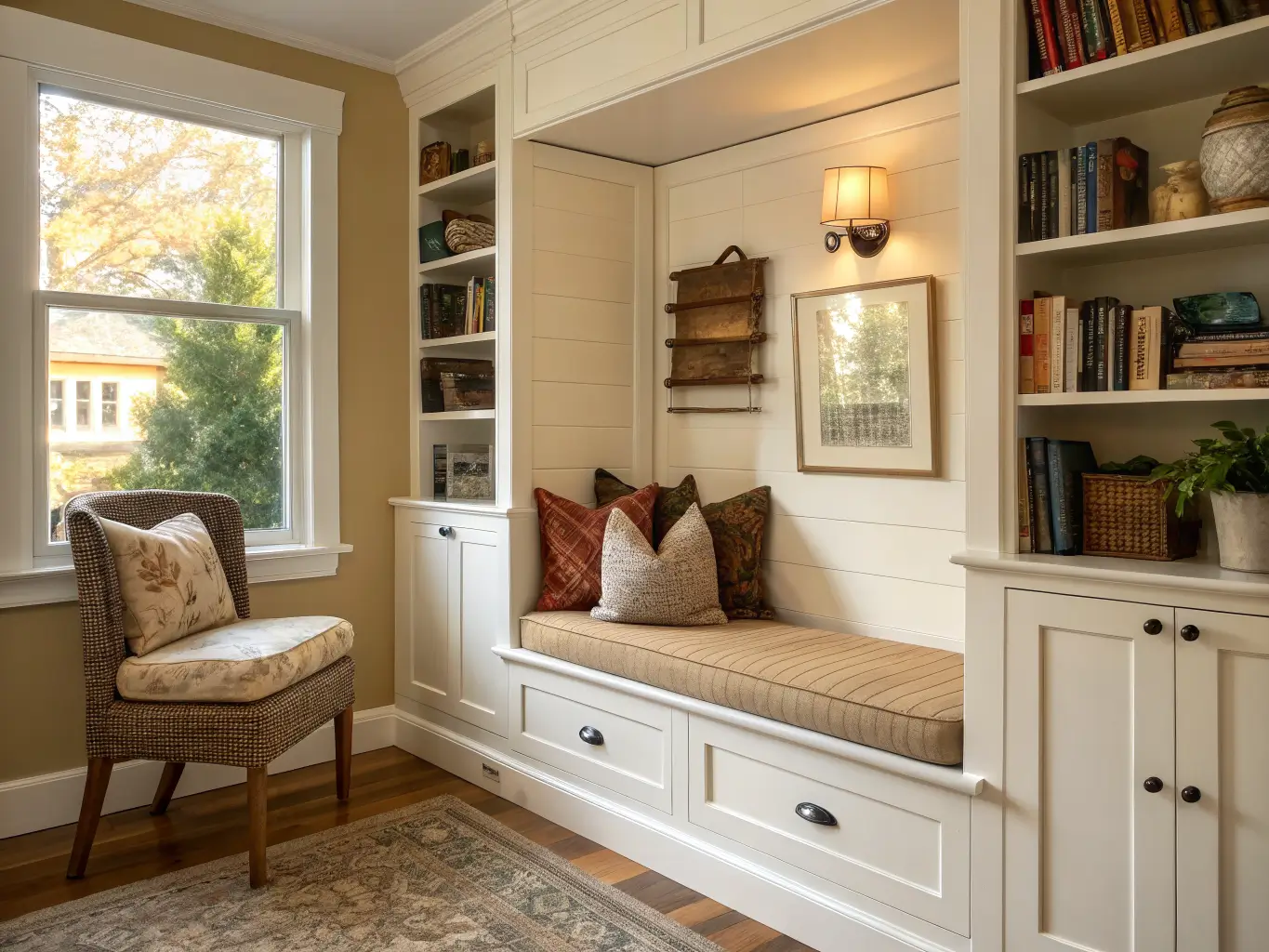 Sunlit built-in reading nook with an oatmeal boucle bench, soft white bookshelves, brass wall sconce, olive pillows, and a cream throw in warm golden-hour light.