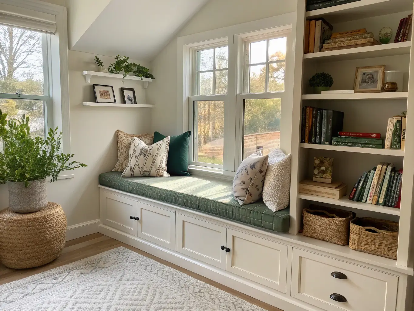 Wide-angle living room built-in reading nook with cream cushioned bench, sage pillows, flanking shelves of books and decor, and soft morning light.