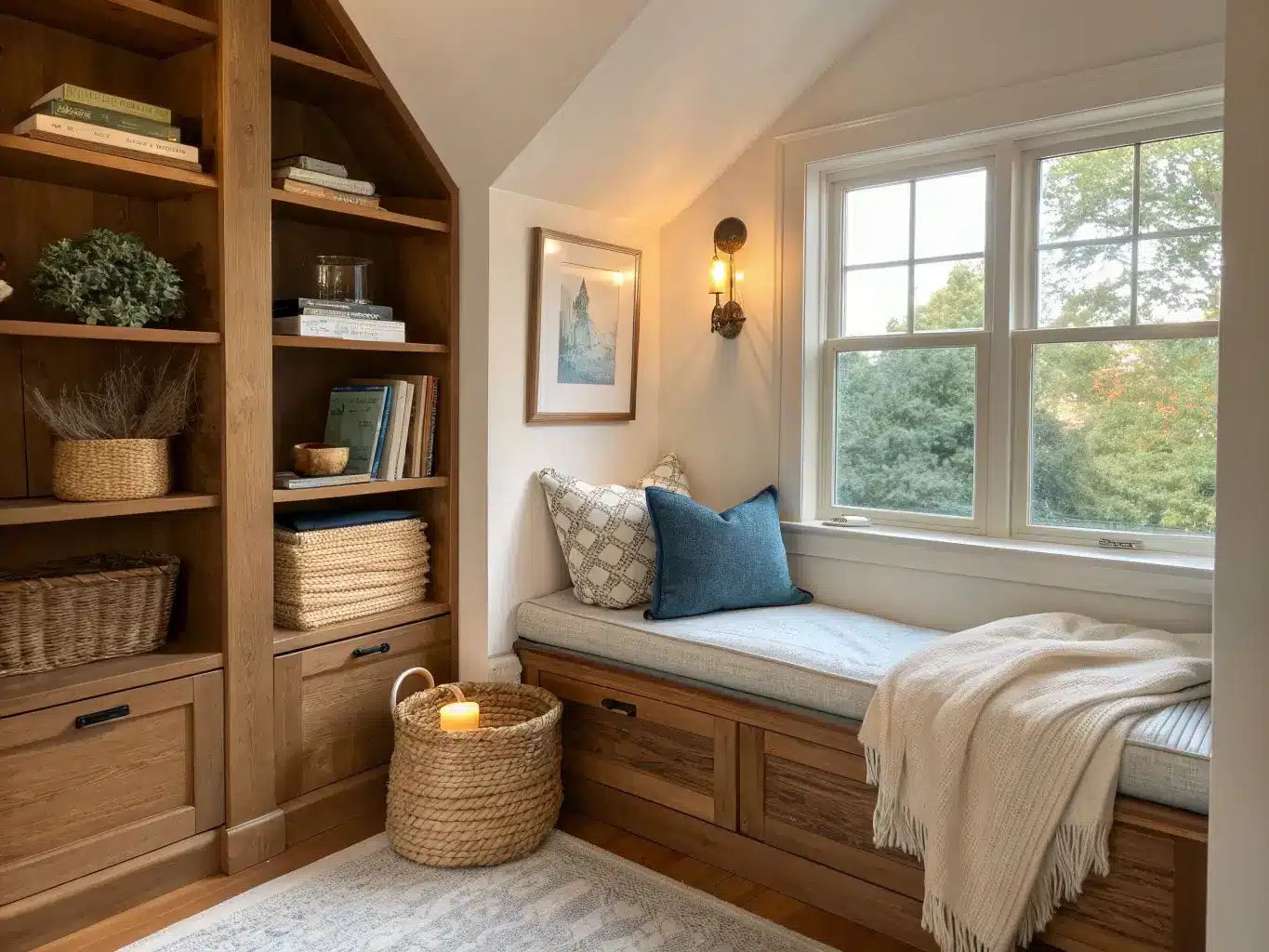Cozy bedroom window-seat reading nook in warm amber light with ivory cushion, dusty blue bolster pillow, oak shelves of books and decor, seagrass basket with chunky knit throw, and brass sconce on soft cream walls.