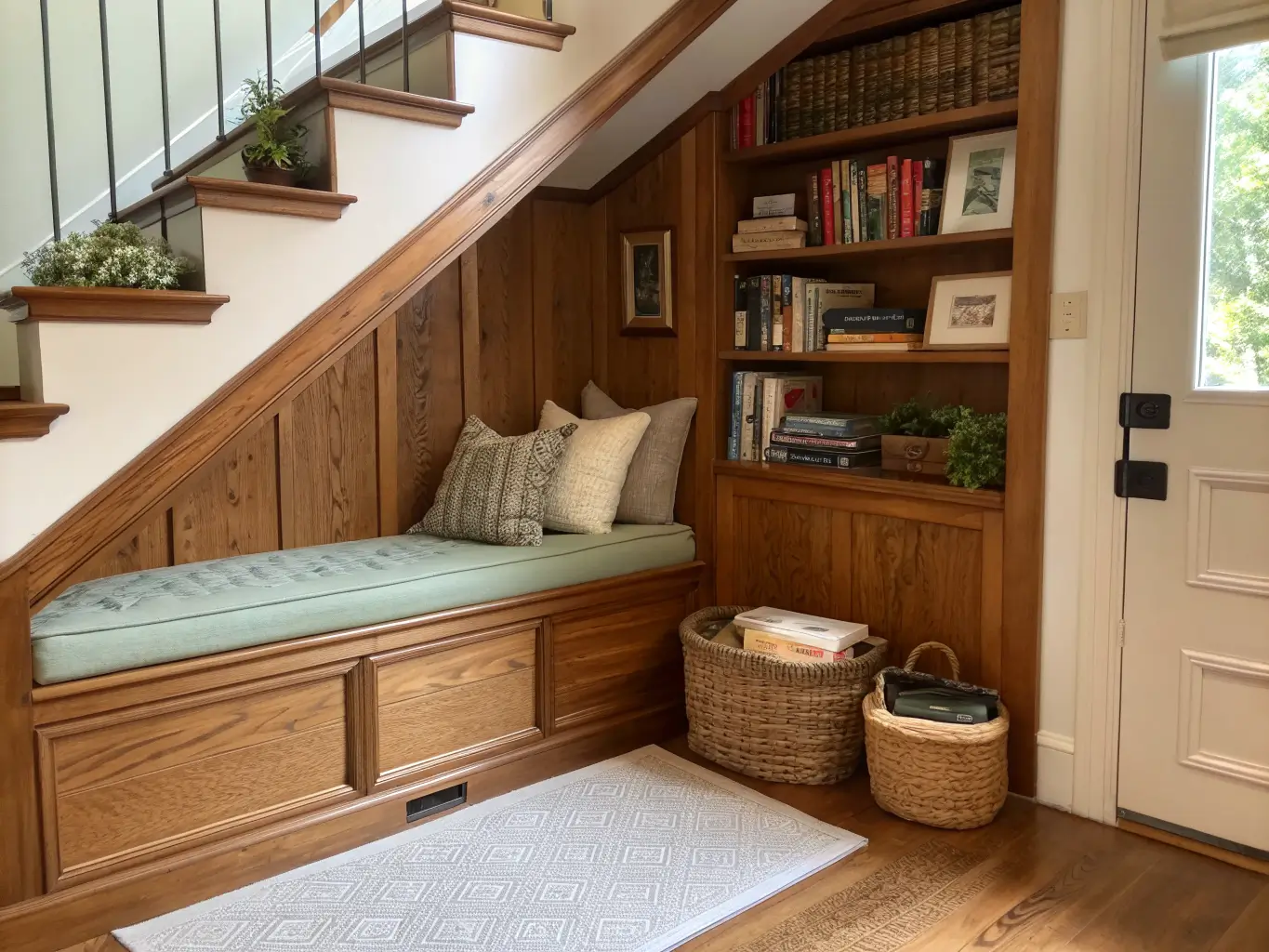 Photorealistic under-stair reading nook with warm wood paneling, built-in bench in dusty sage fabric, diagonal shelves with books and plant, woven basket below, and soft daylight casting long shadows.