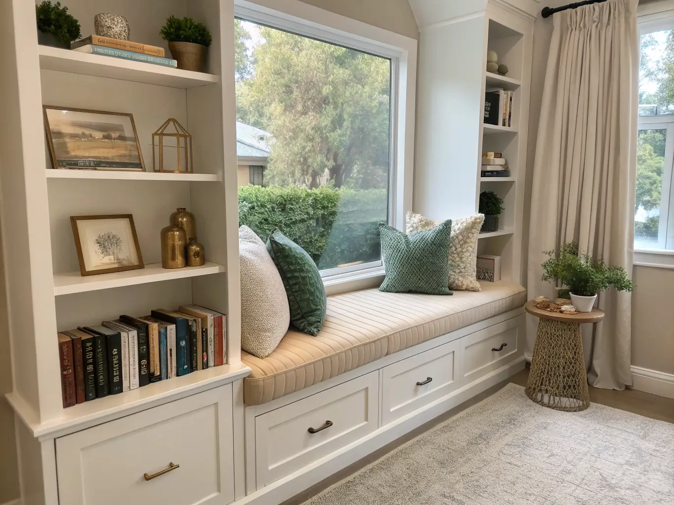 Built-in bedroom reading nook with cream boucle bench under a large window, white shelves with books and decor, sage pillows, brass sconce, and sheer dusk-lit curtains.