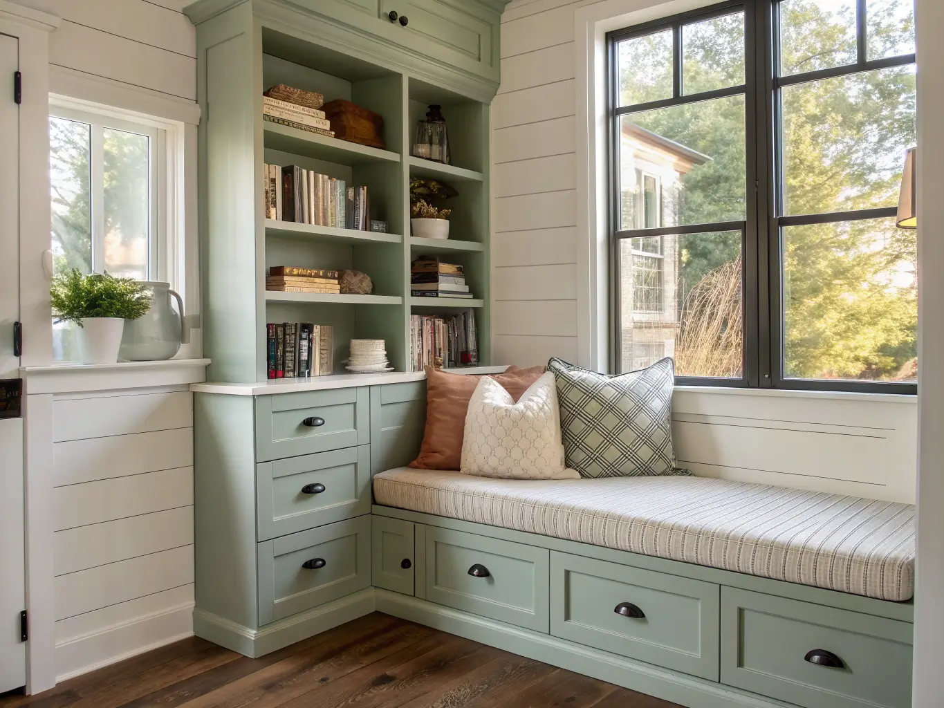 Farmhouse kitchen reading nook with sage shiplap, warm white built-in bench with oatmeal cushion and black pulls, flanking shelves with books and herbs, cream pillows and rust throw in sunlit alcove.
