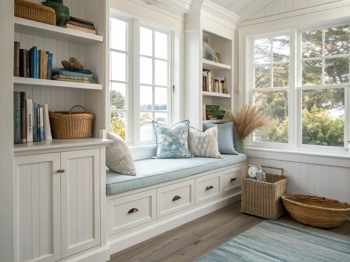 Coastal sunroom window seat nook with white bench, pale linen cushion, dusty blue pillows, whitewashed oak bookshelves, brass sconce, jute basket, and gauzy curtains in bright natural light.