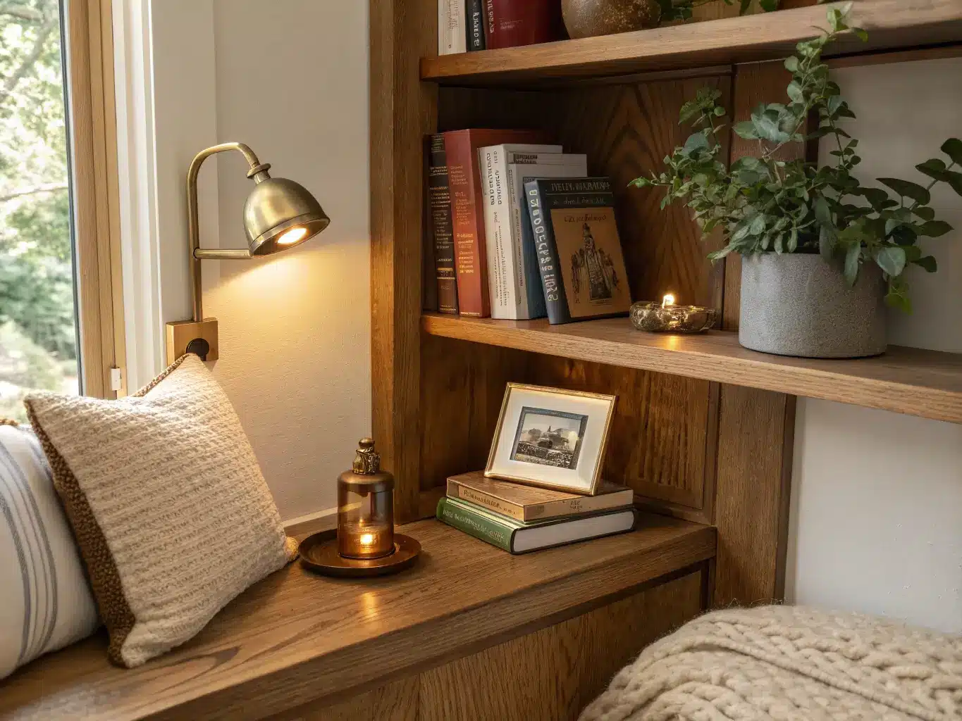 Close-up of a warm oak built-in reading nook shelf lit by a brass wall sconce, with stacked linen books, a brass candle holder, a framed mini print, and a trailing plant above a cream cushioned bench with a sage knit throw.