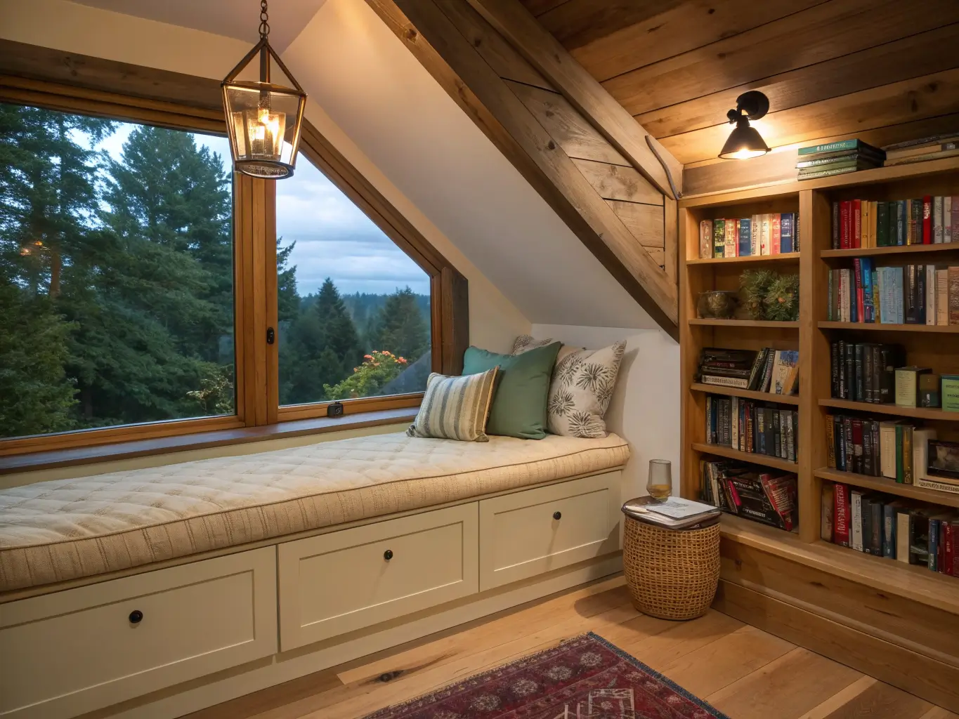 Wide low-angle view of a loft reading nook under a sloped ceiling with a cream cushioned bench, sparse built-in shelves, brass pendant light, sage pillow, rust wool blanket, and dusk blue window glow.