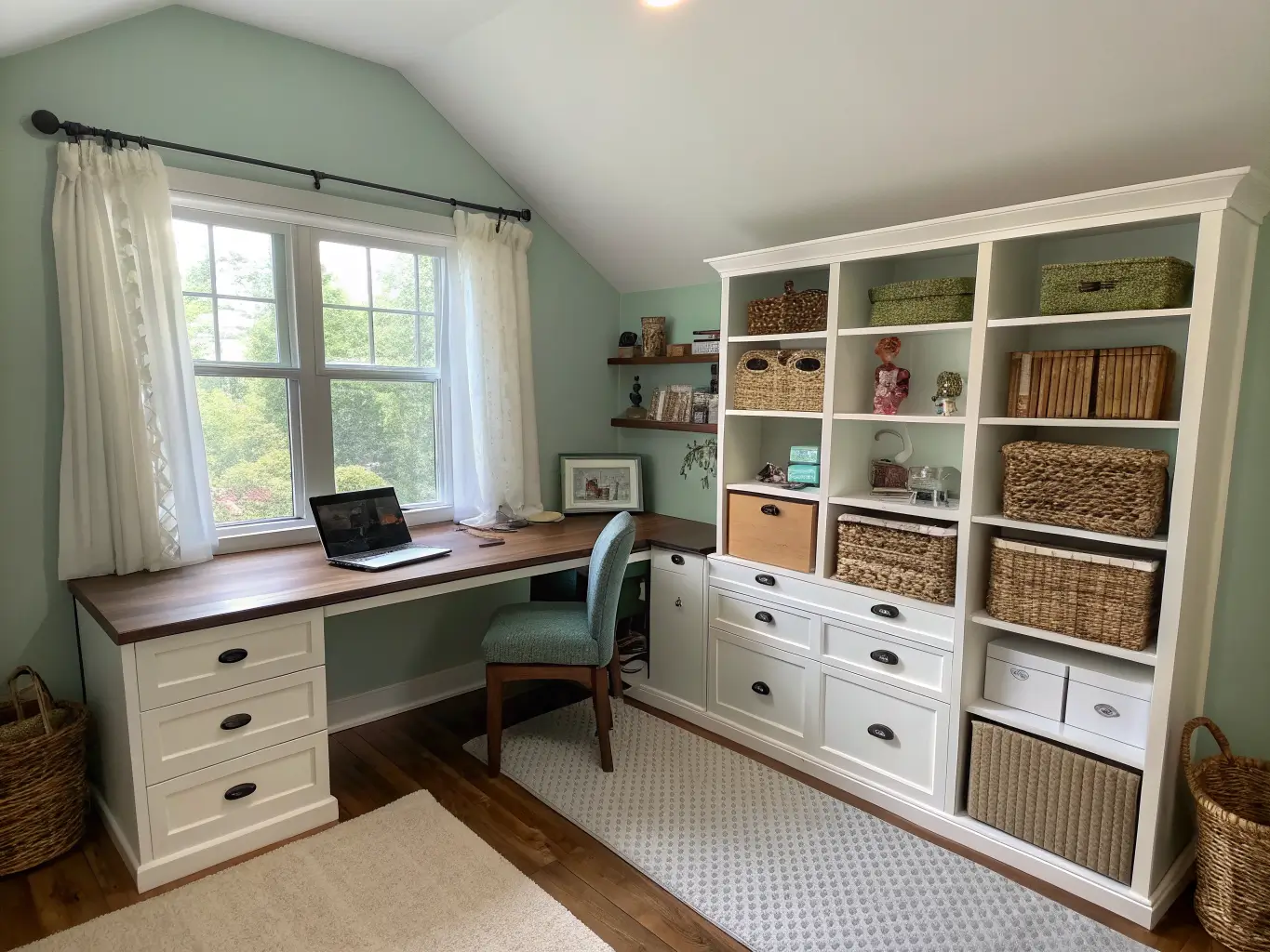 Wide-angle view from the doorway of a small home office and craft room with an L-shaped walnut desk, laptop and cutting mat, Kallax shelves with baskets, gray chair with sage pillow, and soft morning light through sheer curtains.