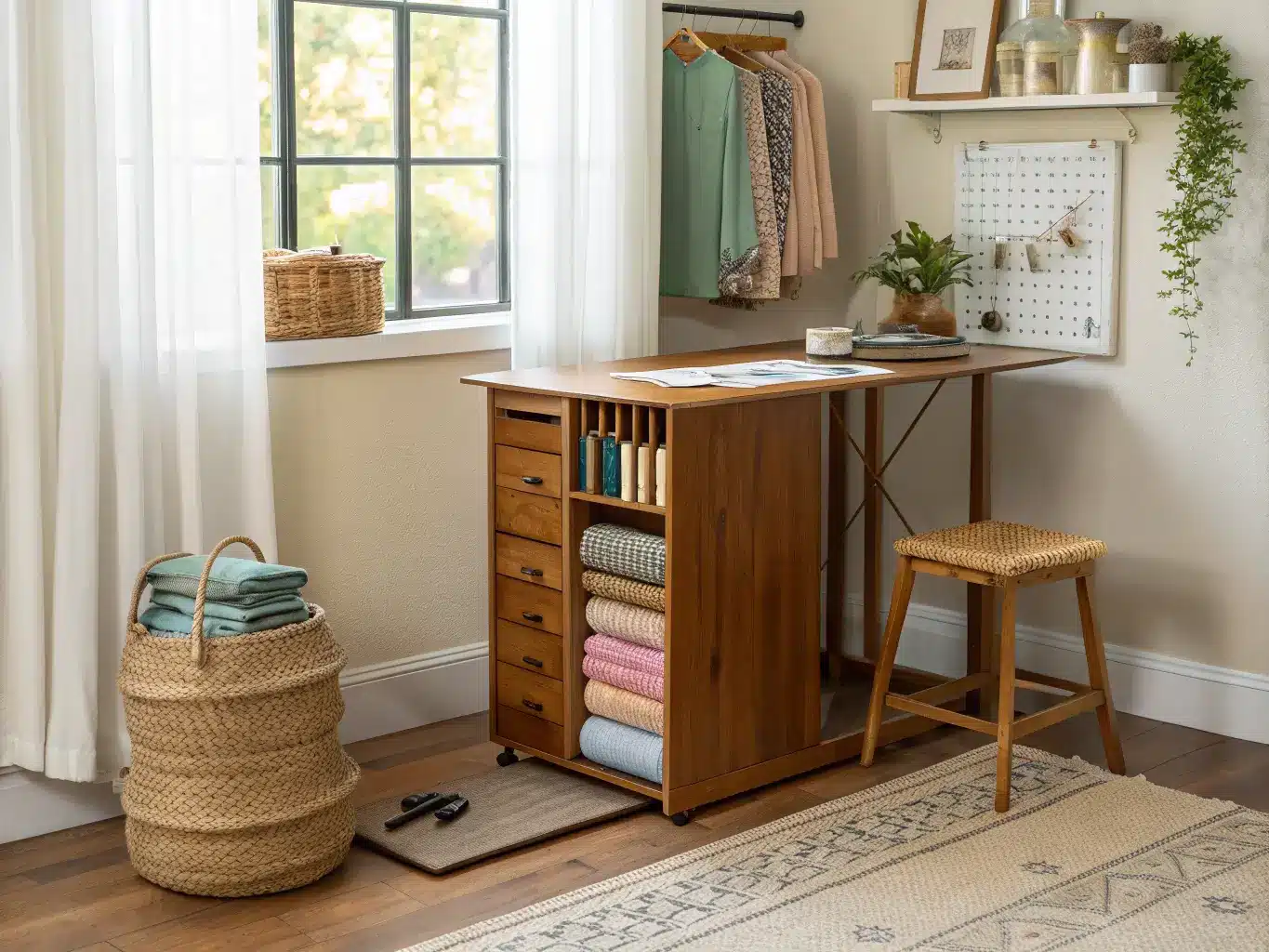 Close-up of a honey oak drop-leaf craft table by a sunlit window with sheer curtains, fabric bolts on shelves, a rattan stool, jute rug, and matte black sewing tools on a pegboard.