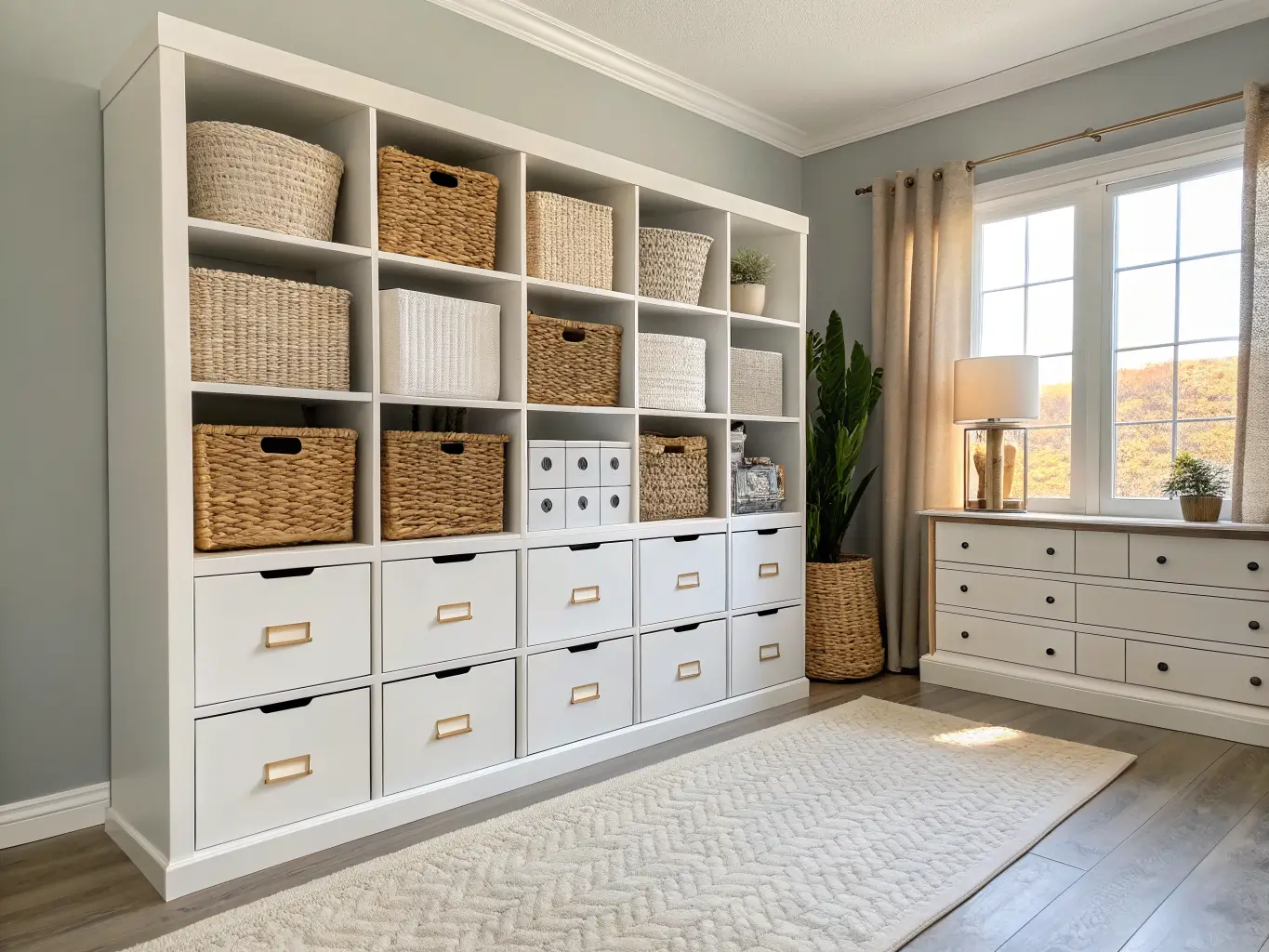 Floor-to-ceiling white Kallax storage wall with labeled woven baskets, snake plant on top, brass pulls, in a soft gray craft room with oak floors and warm natural light.