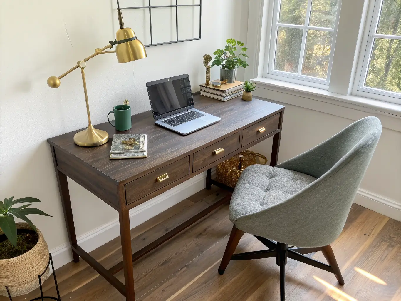 Photorealistic wide shot of a modern minimalist home office area in a craft room, with a dark walnut desk, laptop, brass lamp, sage mug, pothos plant, and charcoal ergonomic chair by a sunlit window.