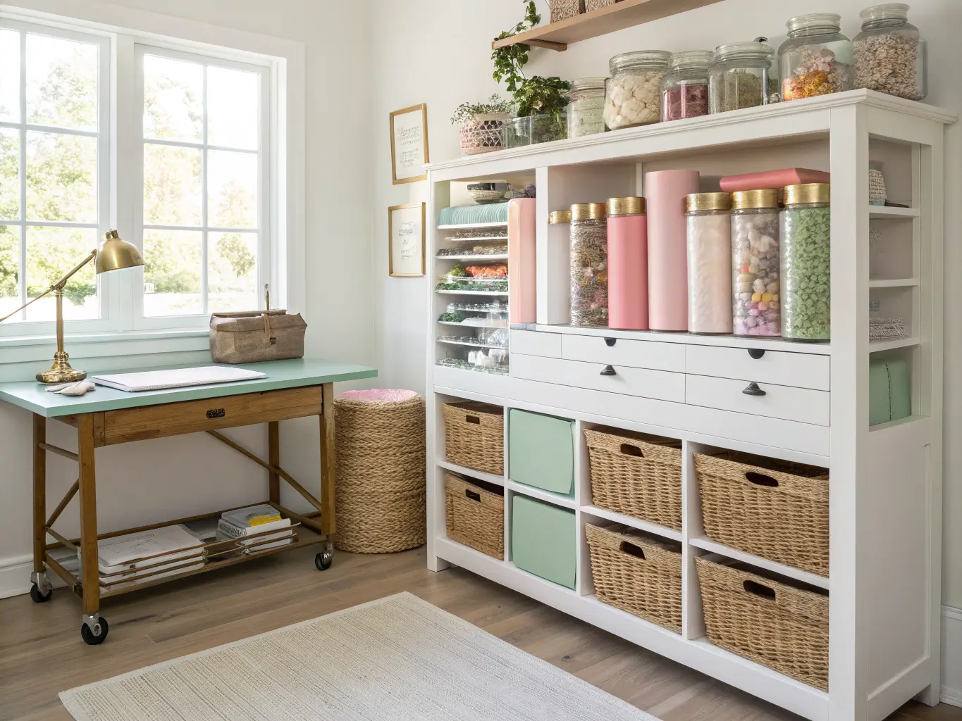 Craft zone interior with open shelves of glass button jars, rolled fabric and blush/sage notebooks, woven bins below, brass-accented rolling cart and drop-leaf table under soft daylight and warm task lamp.