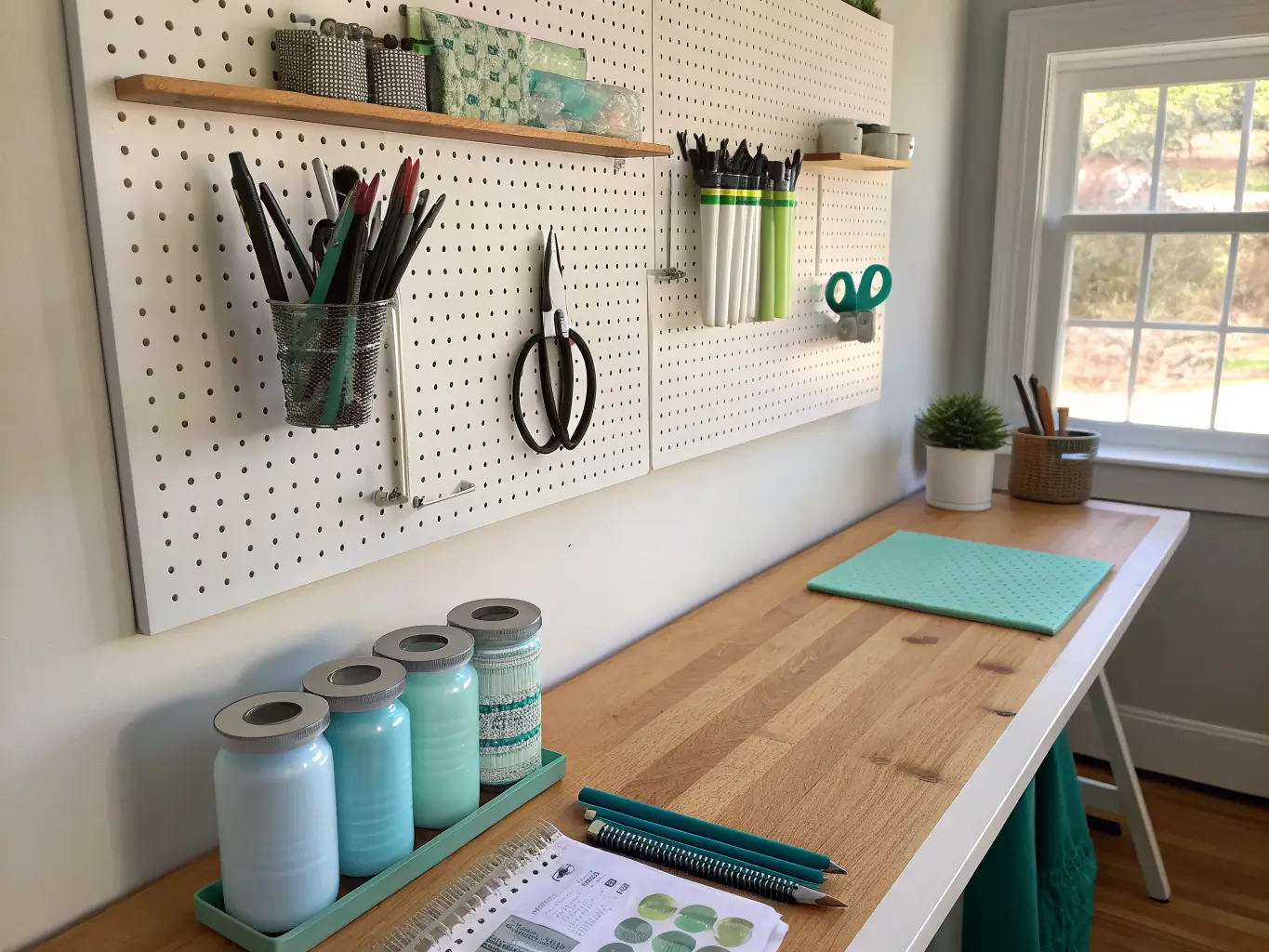 Photorealistic pegboard wall with matte black pegs holding scissors, rulers, and washi tape above an oak craft table, with blue mason jars of pens on a shelf in soft afternoon window light.