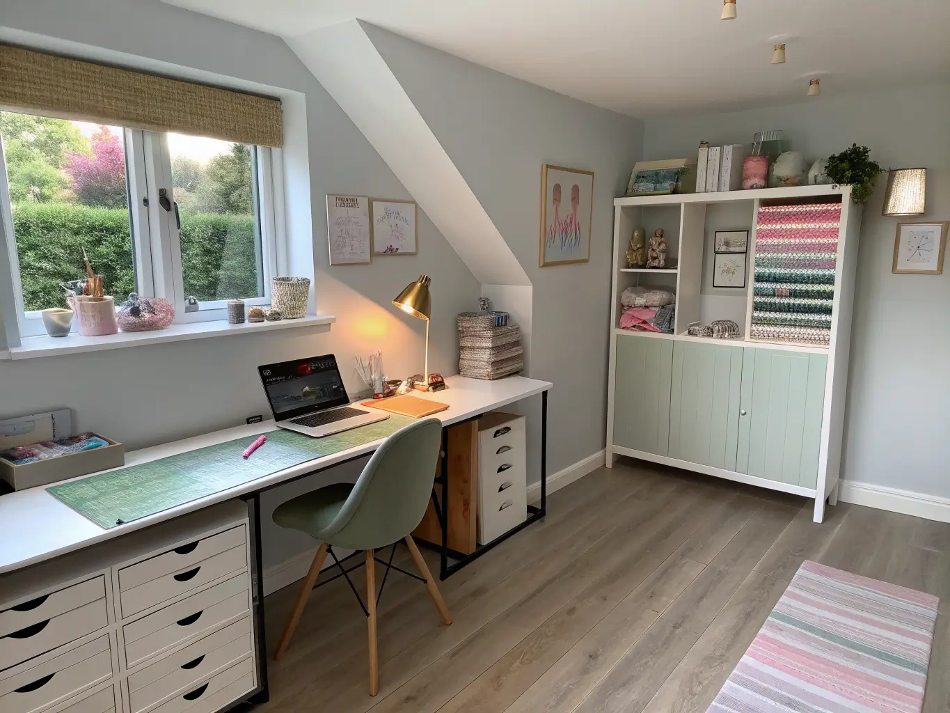 Wide-angle view from doorway of a long narrow spare room with an office desk and laptop on one side, craft table on the other, Kallax storage divider, gray walls, oak floors, blush and sage accents, and golden late-afternoon light through the end window.