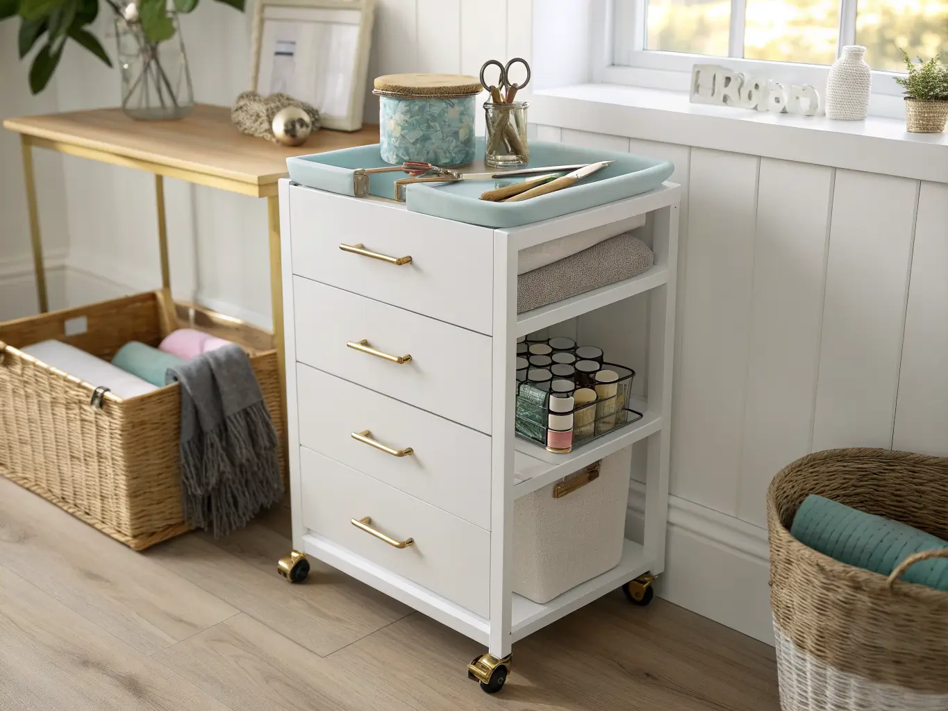 Close-up of a matte white 3-drawer rolling craft cart with brass handles beside a fabric-filled table, with scissors and thread on a blue tray in warm natural light.