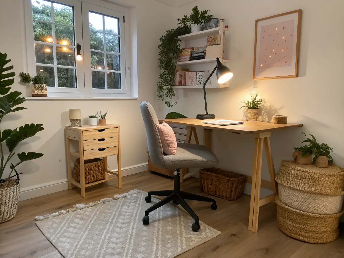 Cozy craft room seating nook with a drop-leaf table, light wood stool, ergonomic desk chair, cream and blush rug, snake plant, warm lamp lighting, and woven baskets on oak flooring.