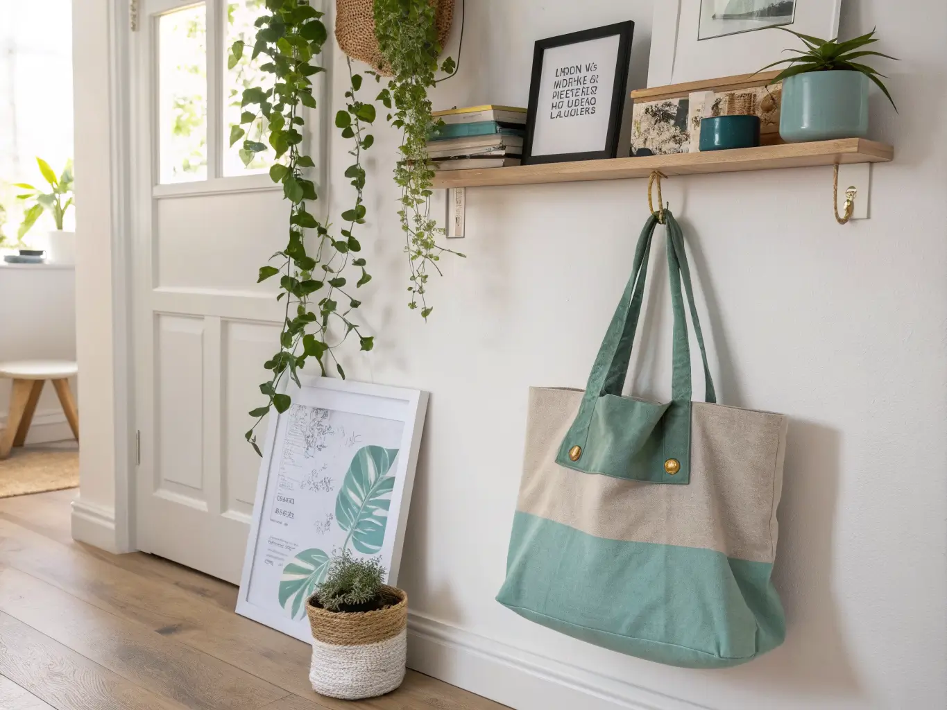 Styled home office craft room corner with floating shelf, mood board, botanical print, trailing pothos, brass hooks with tote, and blue-sage accents in soft daylight