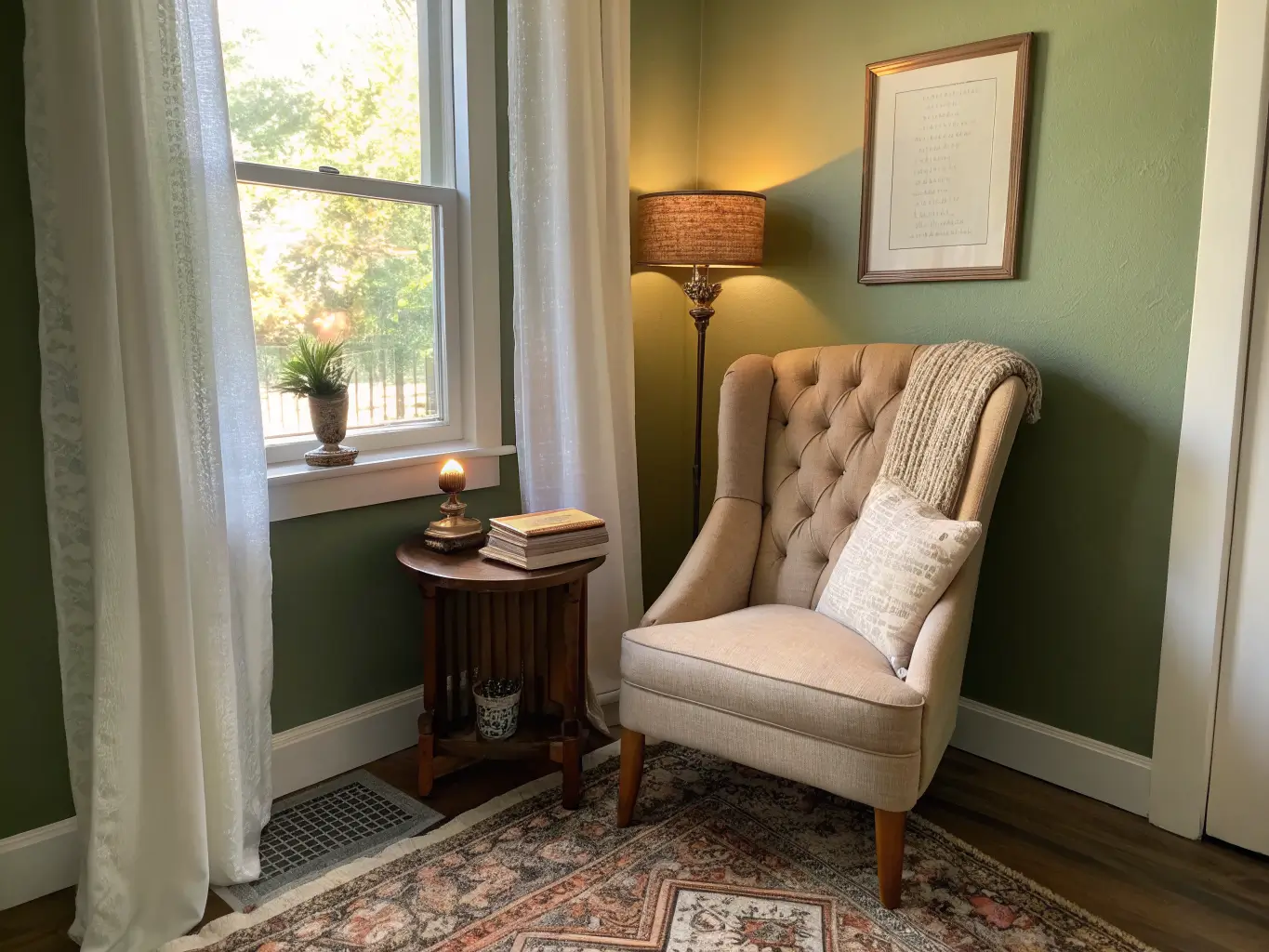 Vintage reading nook in a narrow bedroom alcove with a tufted walnut wingback chair, walnut side table with an open book and brass candle holder, olive walls, Persian rug, and golden-hour light through sheer curtains.