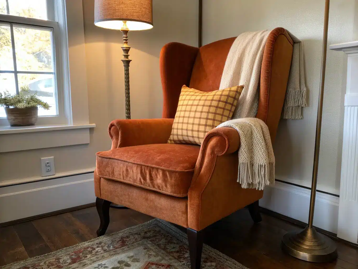 Close-up of a burnt-orange velvet wingback chair with a plaid pillow and cream knit throw, lit by a brass floor lamp in warm evening sun.
