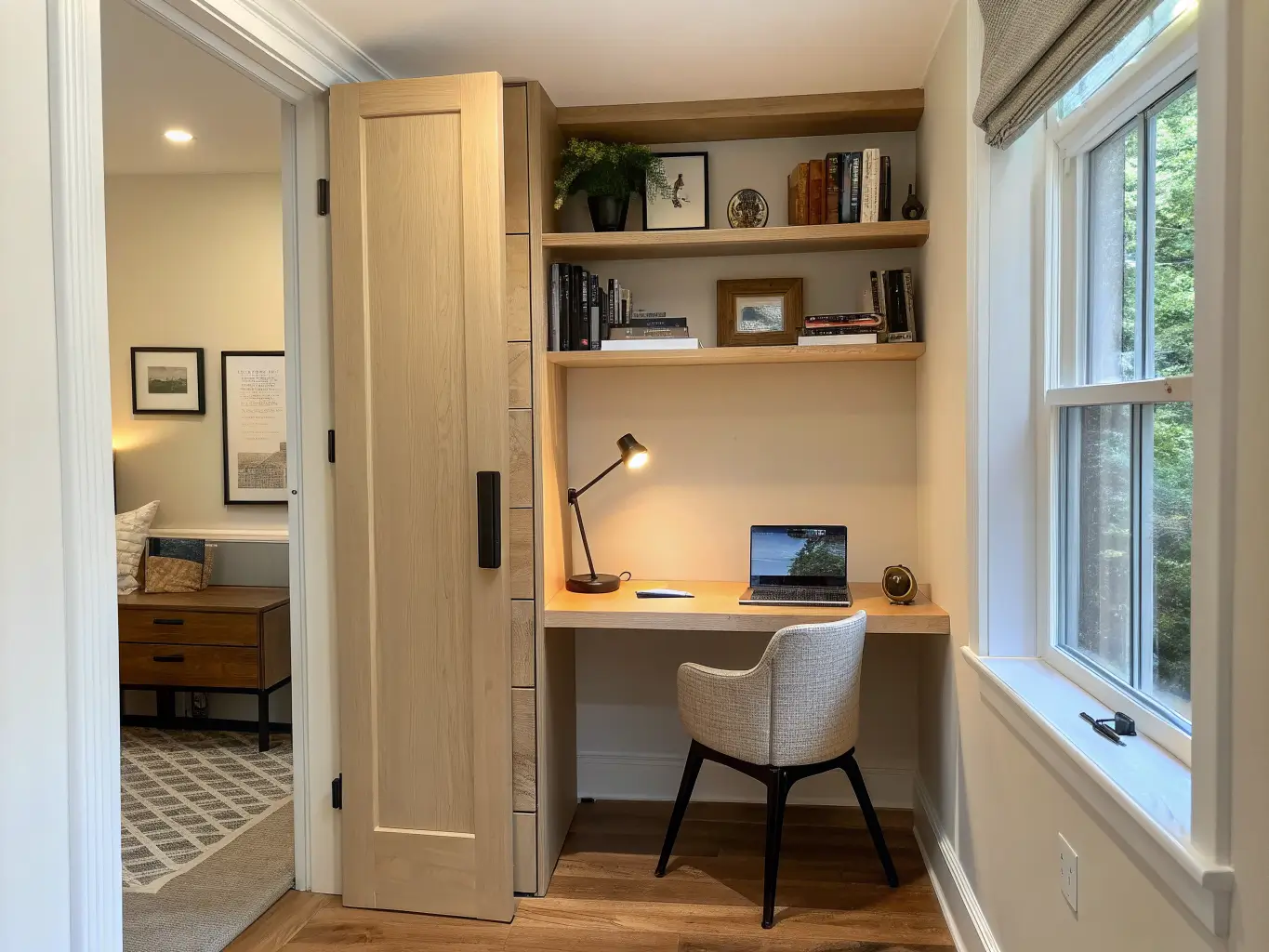 Photorealistic closet-turned study nook with fold-down oak desk, floating shelves with LED glow, black clip-on lamp, and warm evening lighting in a narrow clutter-free space.