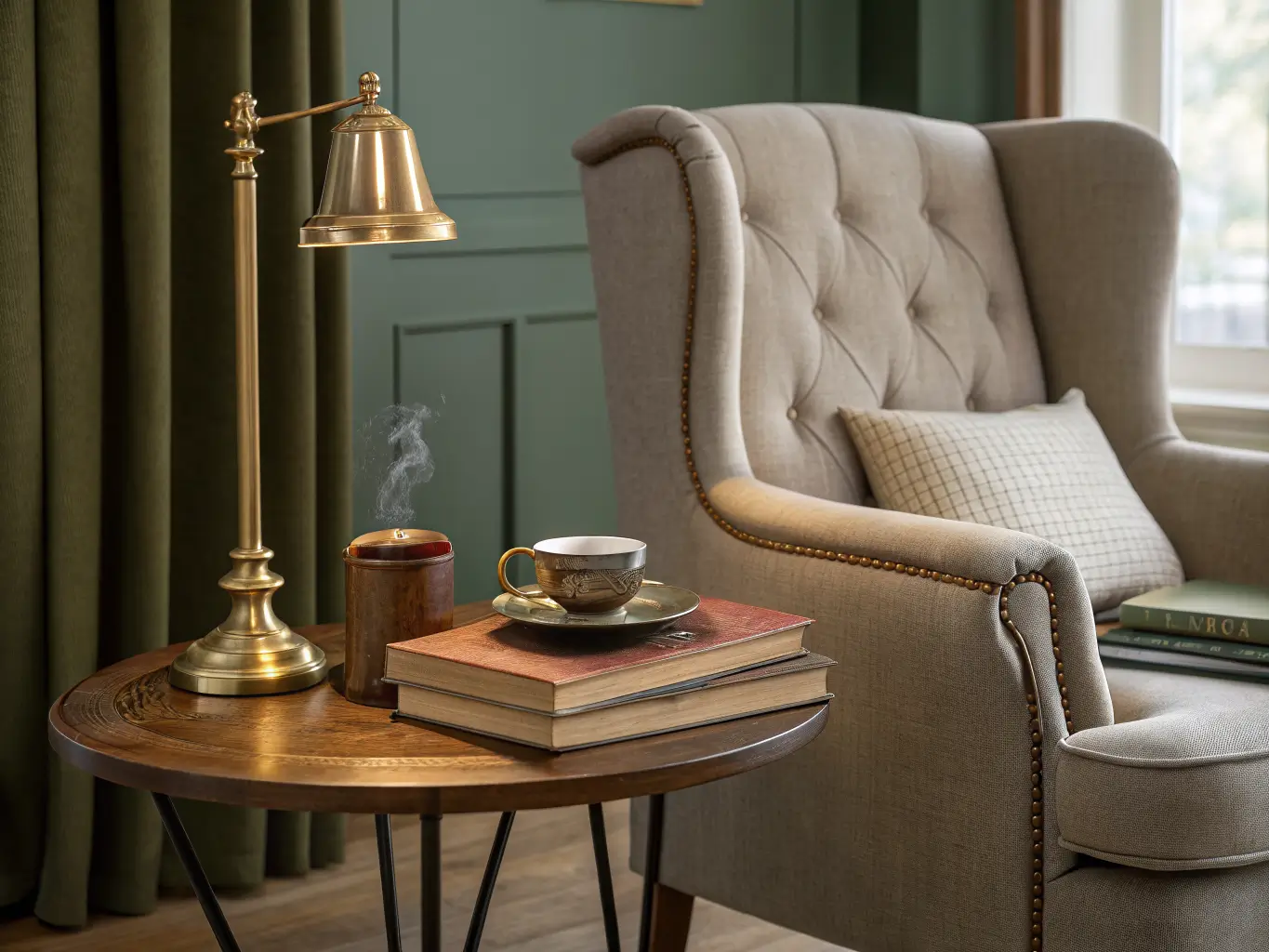 Slim walnut side table beside a vintage wingback chair with a brass candlestick, three worn books, and a steaming ceramic mug in warm golden light.