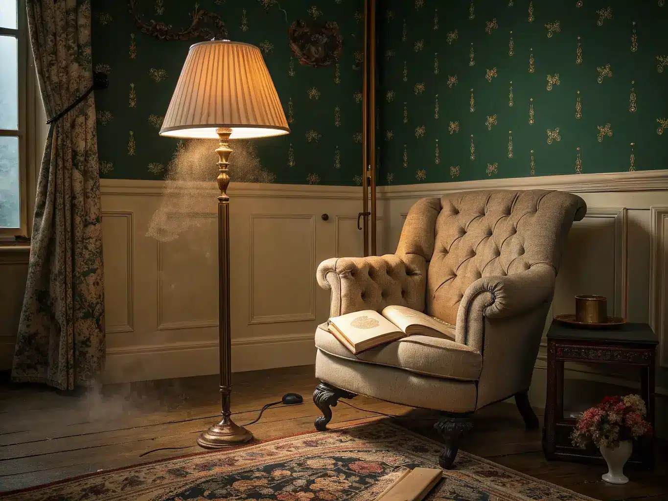 Brass floor lamp beside a tufted vintage armchair in a dim bedroom nook, warm light on an open book with dust motes in the beam against deep green wallpaper.