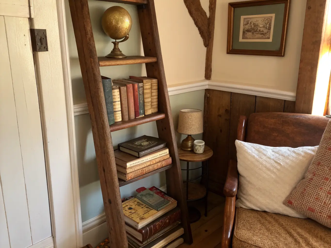 Narrow ladder bookshelf in a vintage reading nook corner with stacked and upright books, brass globe, and leaning botanical print, lit by warm afternoon light beside a wingback chair with a dusty-rose pillow.
