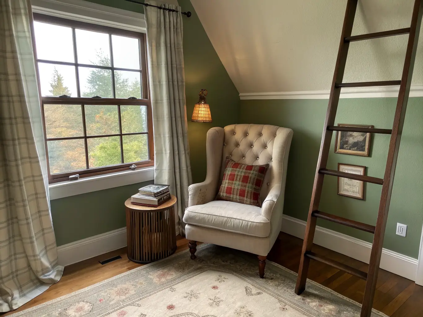 Wide-angle photo of a cozy window-alcove reading nook with a tufted wingback chair, walnut side table and brass lamp, ladder shelf, rose-and-cream rug, and soft morning light through sheer curtains on a deep olive wall.